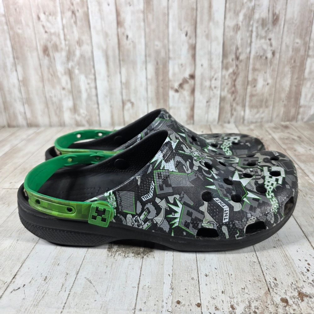 Crocs Minecraft Classic Clogs Mens 13 Black Green Grey Creeper TNT Graphic Shoes